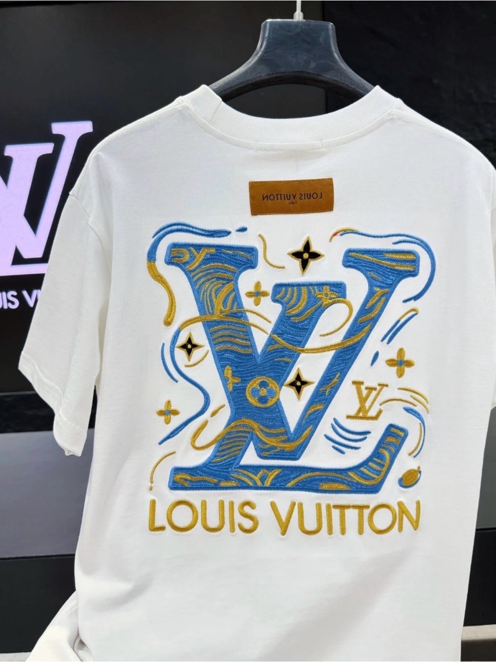 Louis Vuitton White Tee with Blue & Gold Embroidered LV